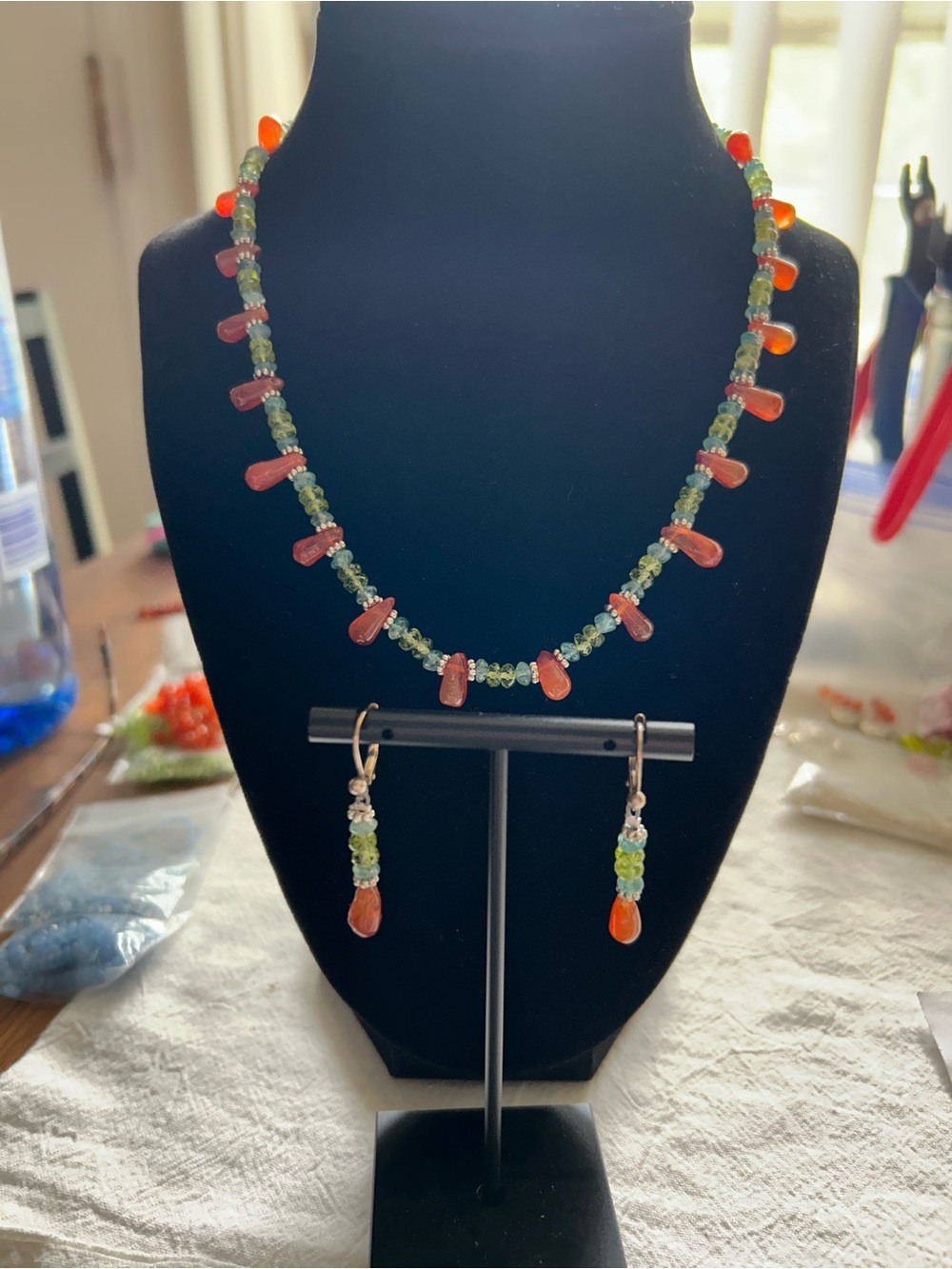 Handmade Peridot, Carnelian and Appetite Beaded Necklace & Earrings Set